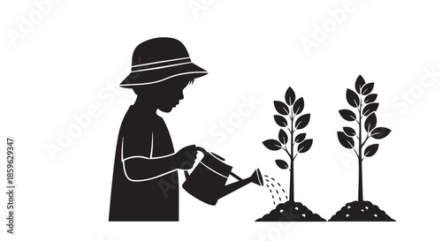 A child with a hat watering two small saplings, symbolizing growth and environmental care