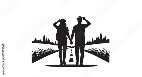 Romantic journey: couple travelers holding hands on a road surrounded by nature