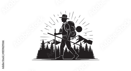 Adventurous hiker traversing mountain trails and pine forests under the watchful sun