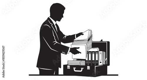 A businessman meticulously organizing a significant stack of documents into an open briefcase