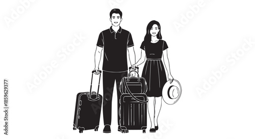 Couple with luggage ready for vacation trip together, an illustration of travel and adventure