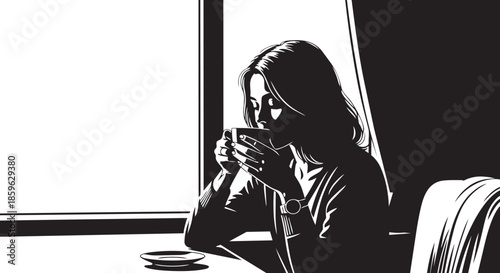 Silhouette of a woman enjoying a peaceful moment, sipping a warm beverage by the bright window
