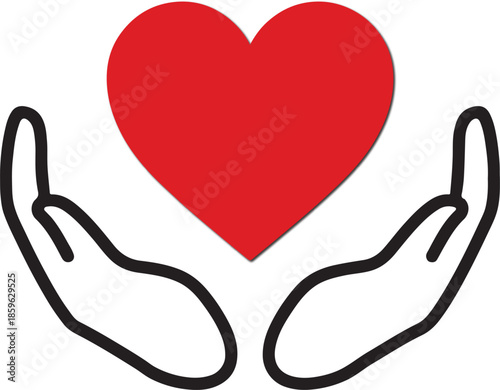 Red heart held by open hands symbolizing love care and protection a simple vector graphic for health and charity concepts