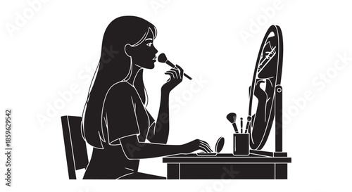 Young woman applying makeup with a brush while looking in the mirror at her vanity table