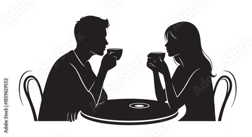 Romantic silhouette of a couple enjoying coffee or tea at a cafe table