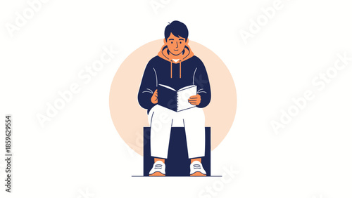 Young man reading a book while sitting on a chair with a calming background