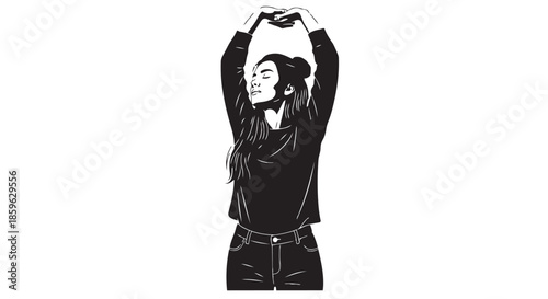 Woman stretching arms overhead in a relaxed pose with closed eyes, black and white illustration