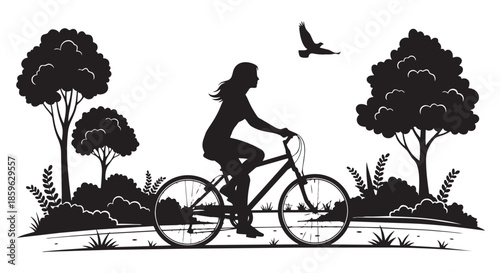 Cartoon illustration of a young girl riding her bicycle for a fun summer sports activity featuring a woman cyclist silhouette and vector wheel