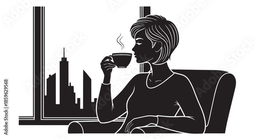 A woman enjoys a peaceful coffee break while contemplating the urban cityscape outside her window