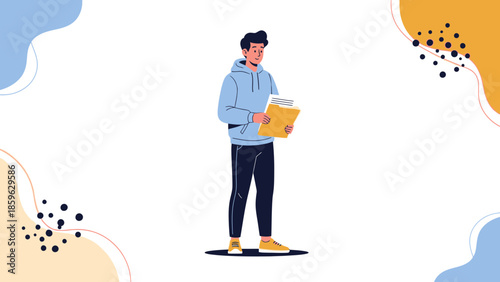 Young man reading a book while standing against a colorful abstract background