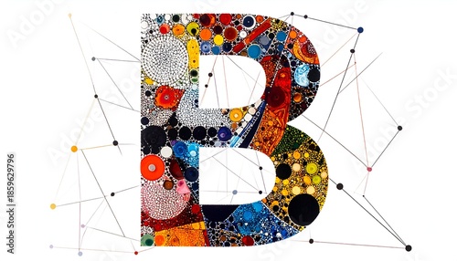 Bold "B" filled with colorful circular patterns, connected by network lines on white