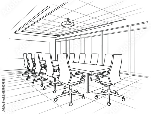 Modern office conference room vector illustration, corporate meeting room with long table and chairs technical line art sketch