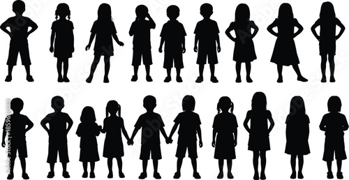 Silhouettes of 18 children in two rows, diverse poses, casual clothing, unity, childhood, black vector, educational, inclusive design