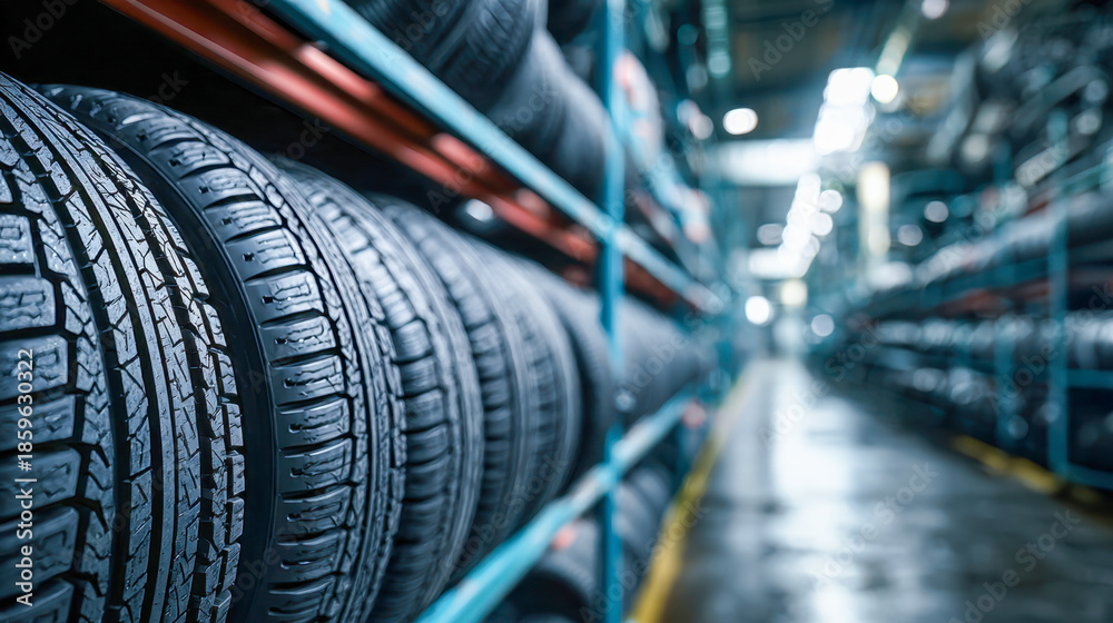 Fototapeta premium Stacked rows of new black rubber tires organized on metal racks inside an automotive warehouse or tire storage facility with industrial lighting above