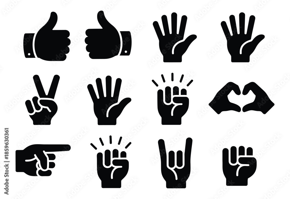 Fototapeta premium Hand gestures vector icons set with thumbs up, love heart, victory, fist, clap, peace, rock, and wave signs, flat vector silhouettes for communication, social media, and digital design.