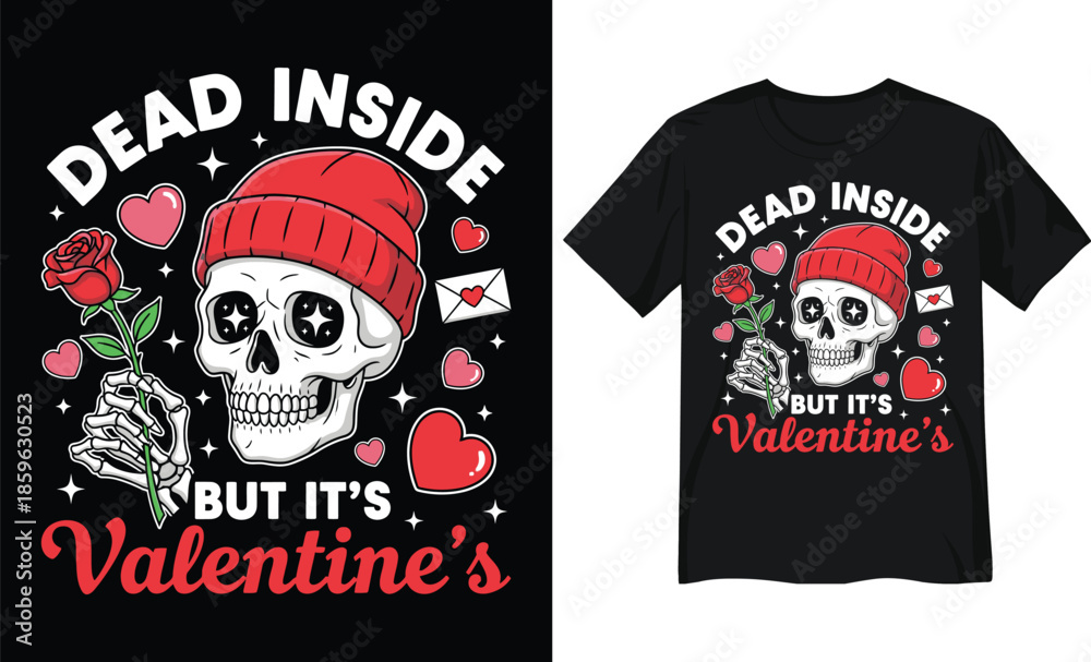 Fototapeta premium Dead Inside But It’s Valentine’s Skeleton Skull with Red Beanie and Rose