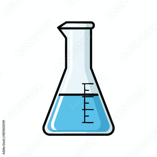 An illustration of a conical flask containing blue liquid with measurement marks
