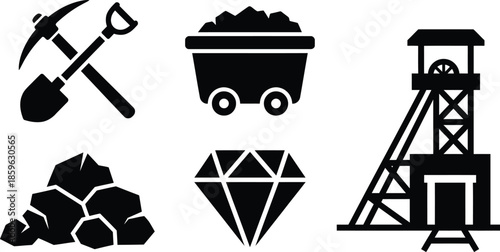Mining Industry Tools and Resources Flat Icon Set on White Background
