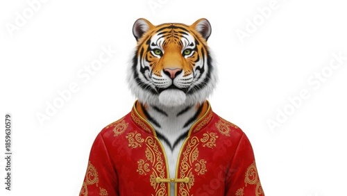 Anthropomorphic Tiger Portrait in Red and Gold Traditional Chinese Tang Suit isolated PNG with Transparent Background