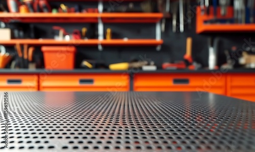 Wallpaper Mural Perforated metal surface in workshop with orange cabinets and tools in background Torontodigital.ca