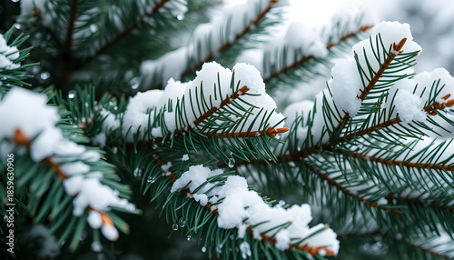 Christmas snowy fir tree branches close up. Christmas and winter concept, angled photoshot. White tone