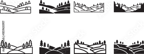 set of landscape illustrations with hills and trees in simple line art style
