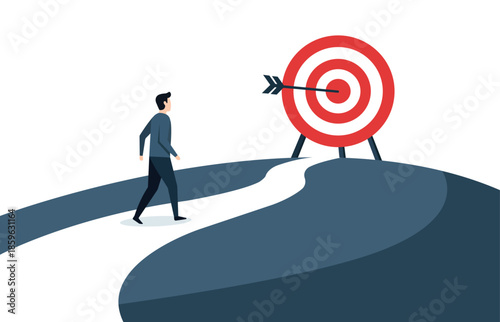 Man Walking on a Curved Path Toward a Target Symbolizing Focus, Goals, Direction, Success, and Personal Growth Ambition and focus, man walking on winding path leading to bullseye target, success,