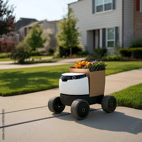Wallpaper Mural Autonomous delivery robot carrying groceries on sidewalk in neighborhood residential area Torontodigital.ca
