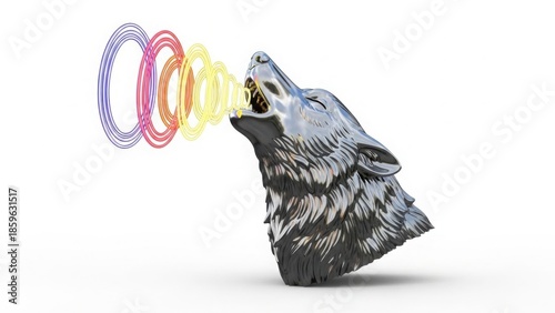 3D Render of Metallic Silver Wolf Head Howling with Colorful Sound Waves isolated PNG with Transparent Background