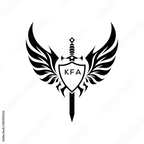 Winged Sword and Shield Logo with Letters, Heraldic Emblem, Black and White Vector Design, KFA  Later Logo,
