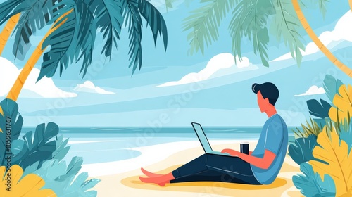 A person sits on a beach, working on a laptop, surrounded by palm trees and tropical foliage, enjoying a serene coastal landscape.