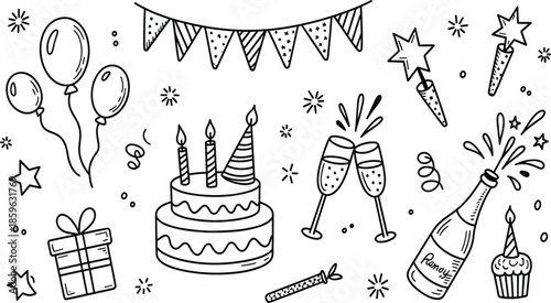 Birthday party celebration doodle set vector, hand-drawn sketch of cake, balloons, champagne, and festive decorations