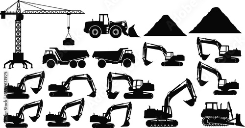 Construction machinery silhouette set with excavators, loaders, dump trucks, bulldozers, crane, and earthmoving equipment for industrial engineering illustration use