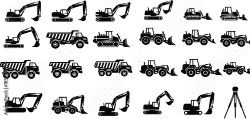 Construction machinery silhouette icon set featuring excavators, loaders, bulldozers, dump trucks, and engineering survey equipment for industrial design use