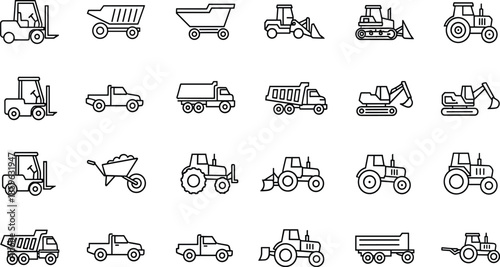 Construction vehicle line icon set featuring forklifts, dump trucks, tractors, excavators, loaders, and transport machinery for industrial engineering design use