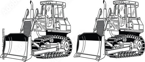 Detailed bulldozer line art illustration showing crawler construction equipment, heavy machinery vehicle design for engineering, industrial, and mining projects