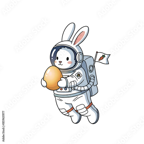 Bunny astronaut with golden egg, merging fantasy and Easter tradition.