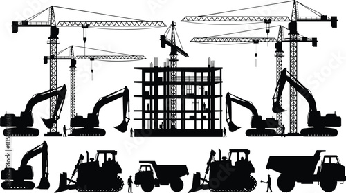 Large construction site silhouette with tower cranes, excavators, bulldozers, dump trucks, workers, and unfinished building structure for industrial engineering illustration use