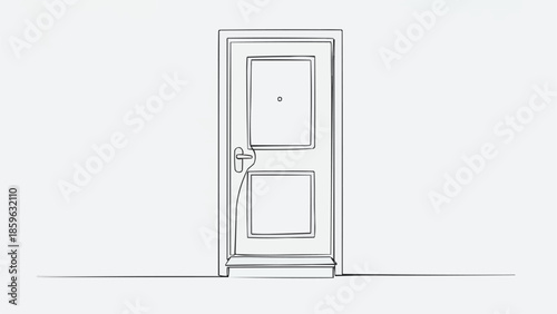 Simple Line Drawing of a Closed Wooden Door with a Handle.