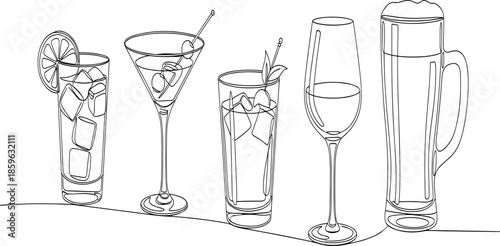 Minimal drink glass line art illustration set featuring cocktails beer and wine glassware for bar menu restaurant design use