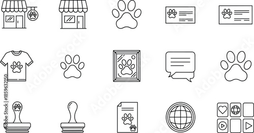 Pet shop and animal care line icon set featuring paw prints, stores, branding elements for veterinary and pet business design