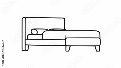 Simple Line Drawing of a Modern Bed with Pillows and Blanket.