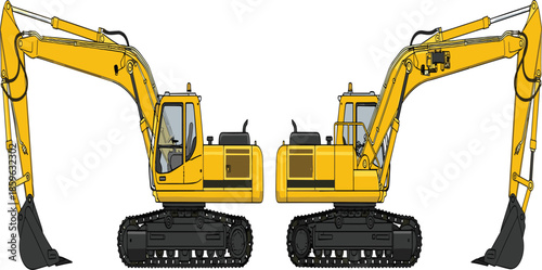 Yellow excavator construction machinery illustration showing two tracked hydraulic diggers isolated on white background for industrial engineering design use
