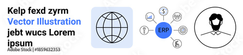 Business management, global networks, ERP systems, enterprise solutions, process automation, user connectivity. Icons of a globe, ERP system with processes and a user profile. ERP systems and global