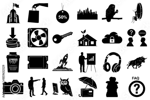 Assorted Business, Nature, and Technology Icons in Silhouette