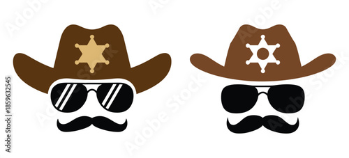 Cowboy hat and mustache icons design including western-style avatars with hats, sunglasses, and moustaches, playful vector characters for posters, invitations, and branding projects.
