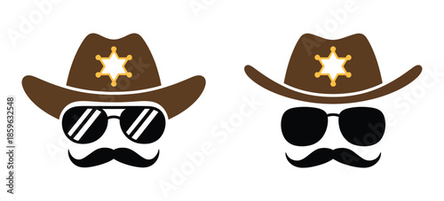 Cowboy hat and mustache icons design including western-style avatars with hats, sunglasses, and moustaches, playful vector characters for posters, invitations, and branding projects.