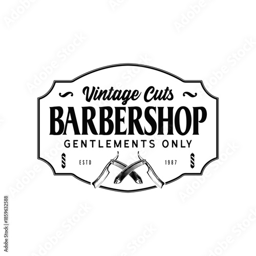 Vintage Barbershop Logo design template with Straight Razors in white label or stamp