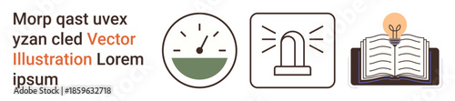 Productivity, urgency, education, safety, information, ideas. A set of icons a speedometer, an alarm siren and an open book with a lightbulb above it. Productivity and urgency concept