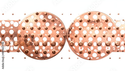 Close-up of copper metal perforated discs with raised rivets and small holes, white backdrop